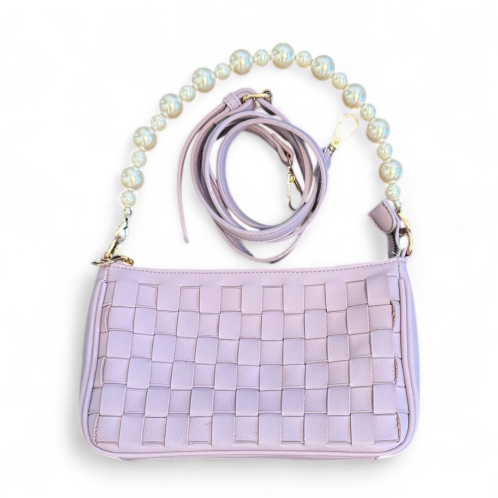 WOMENS HANDBAG DETACHABLE PEARL STRAP ADJUSTABLE CROSSBODY PURPLE WOVEN